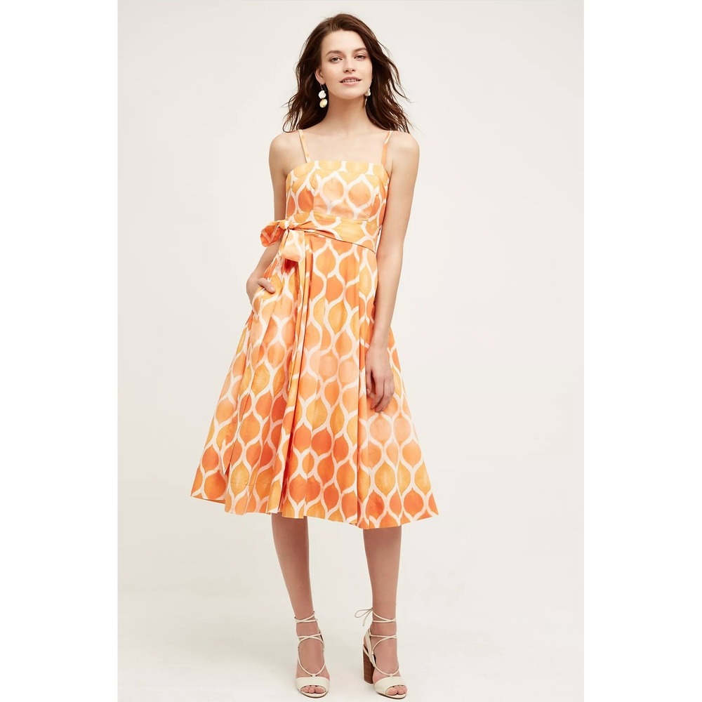 Anthropologie Maeve Freya Poplin Dress Womens Size 2 Midi Dress Geometric Belted